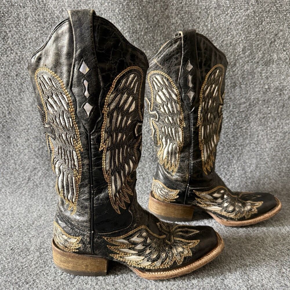 Corral Vintage A1986 Black Silver Angel Wings Cross Boots Women 6.5 M Square Toe